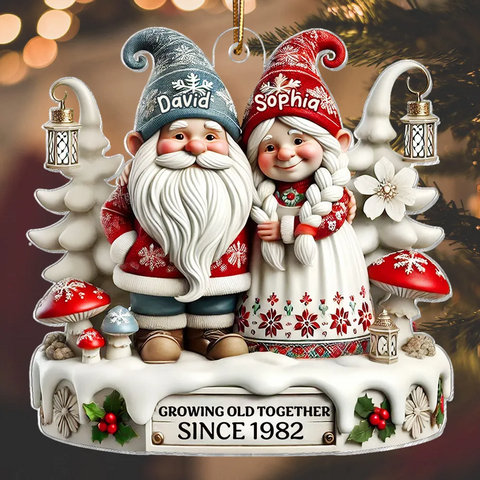 3D Effect Gnome Couple Together Custom Acrylic Christmas Ornament
