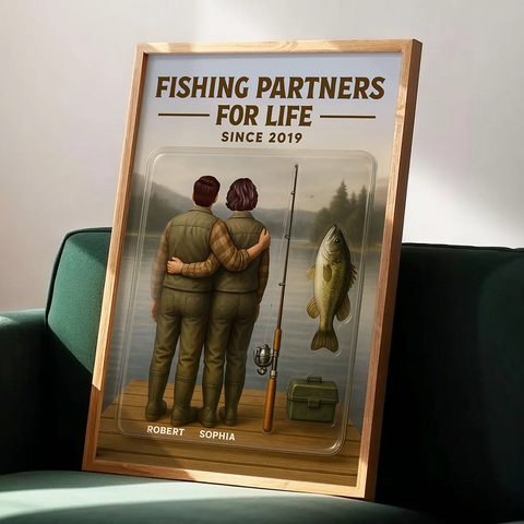 "Fishing Partners For Life" 3D Effect Custom Couple Figurine Canvas Print/Framed Poster/Poster