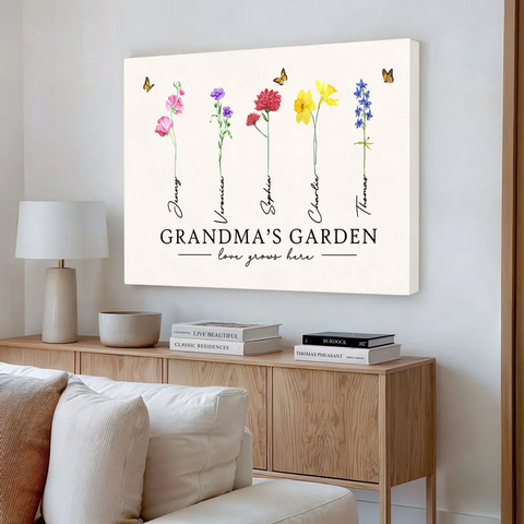 "Love Grows Here" Custom Grandma‘s Garden Watercolor Birth Month Flower Canvas/Framed Poster/Poster