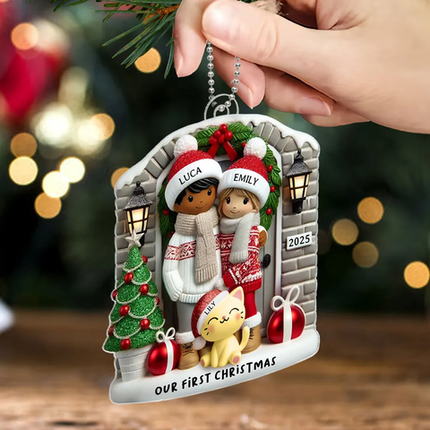 Custom Farmhouse Couple with Pets Christmas 2025 Acrylic Ornament 