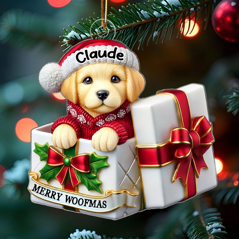 Cute Labrador Dog Inside Gift Box Custom 2D Flat Acrylic Christmas Ornament 2025