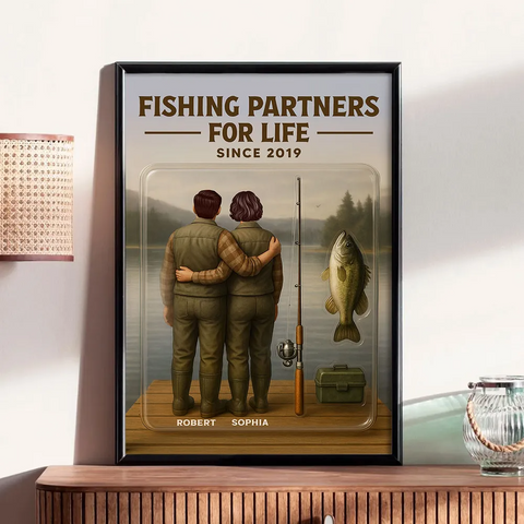 "Fishing Partners For Life" 3D Effect Custom Couple Figurine Canvas Print/Framed Poster/Poster