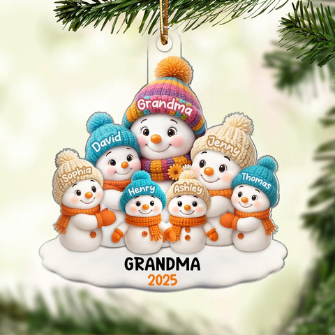 Snowman Grandma and Grandkids Custom Christmas Acrylic Ornament