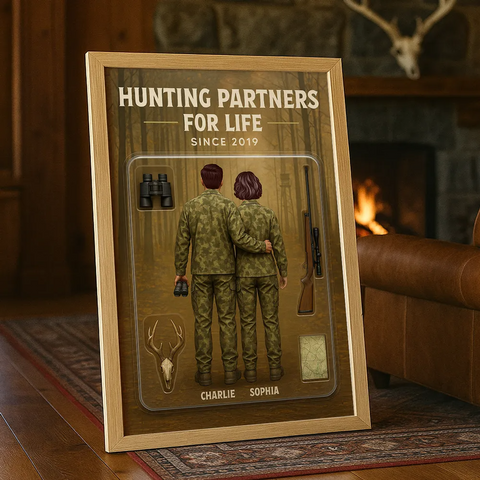“ Hunting Partners For Life" 3D Effect Custom Couple Figurine Canvas Print/Framed Poster/Poster