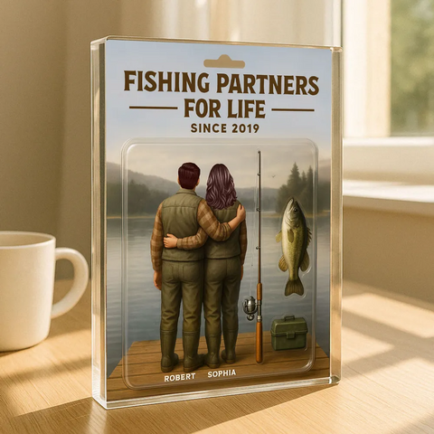 "Fishing Partners For Life" 3D Effect Custom Couple Figurine Acrylic Block 