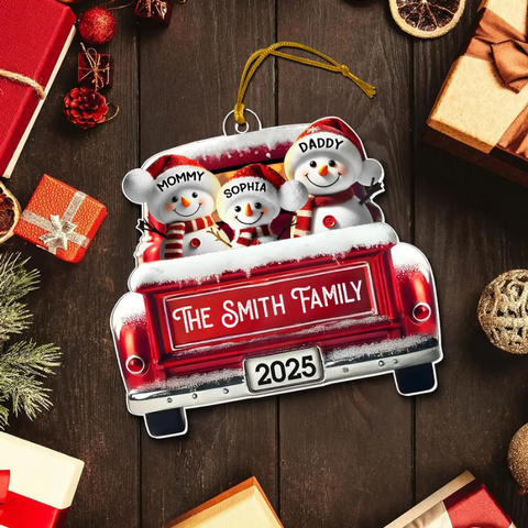 3D Effect Custom Snowman Family Red Car Acrylic Christmas Ornament 